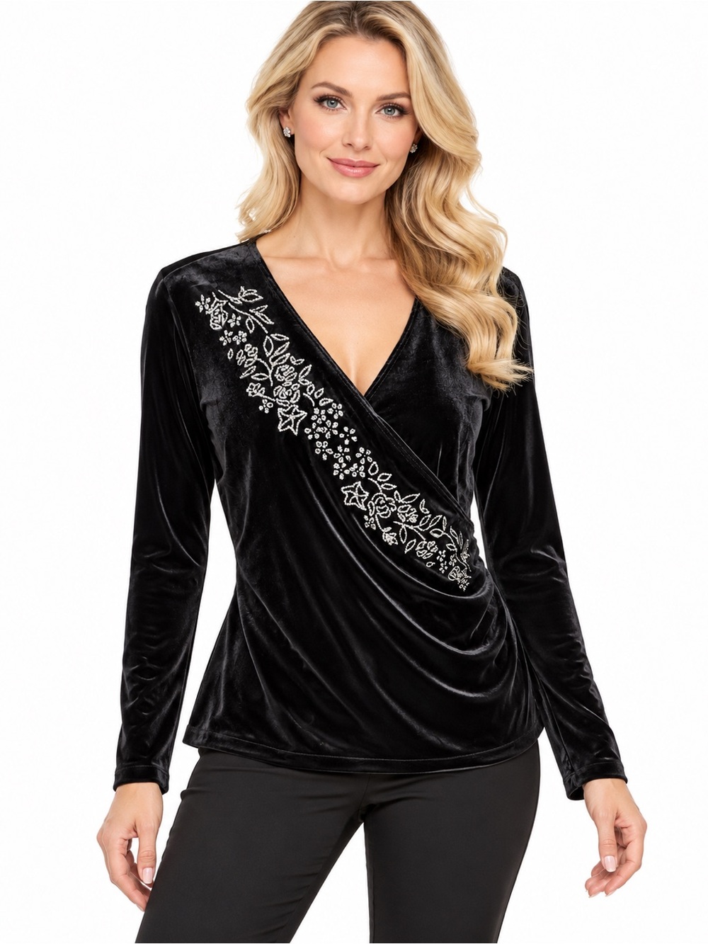 Notations Womens Large Black Velvet Silver Floral Wrap V Neck Long Sleeve Top